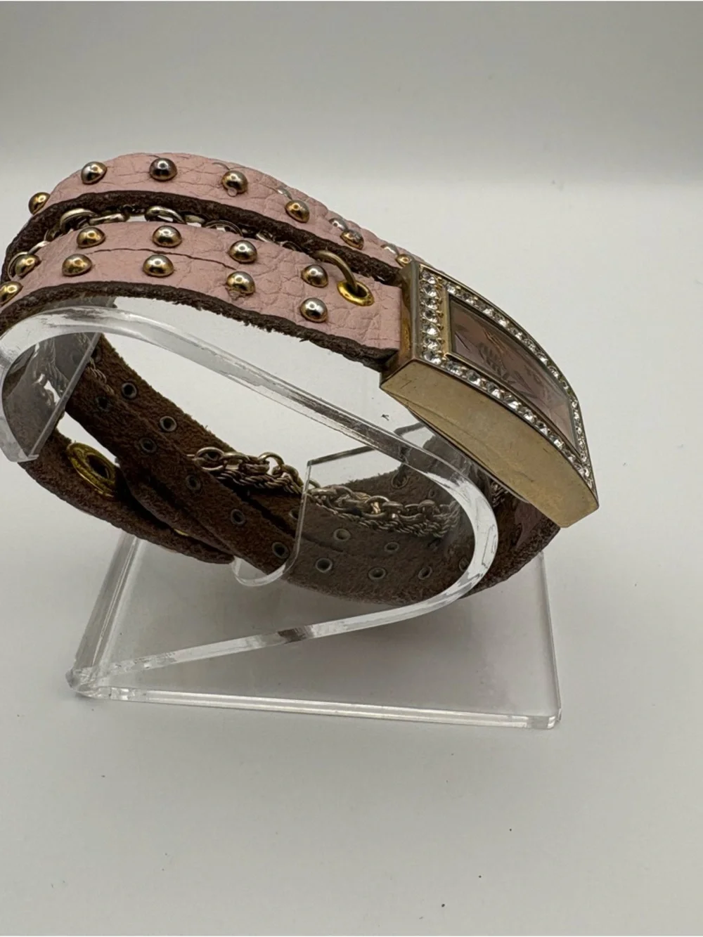 Women’s Gold-toned Rectangular Watch Pink Dial‎ Multi-Strand Double Wrap Band